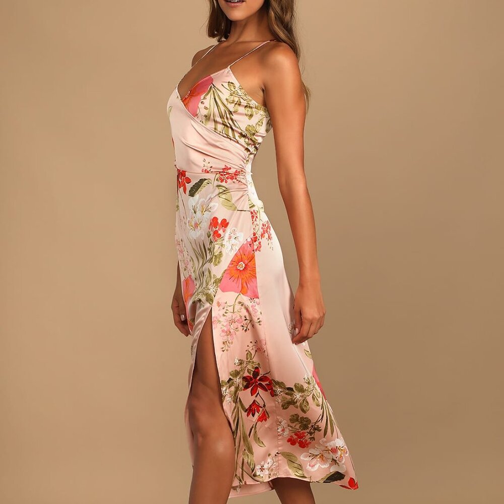 Lulus Remarkable Entrance Pink Floral Print Satin Midi Dress